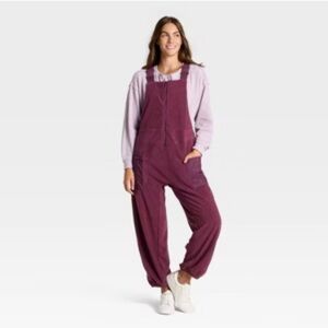 JoyLab Women's High Pile Fleece Overalls relaxed fit prune purple size large